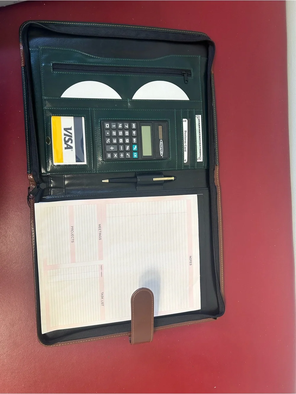 Vintage Two-Tone Green and Brown Leather Zip Folio Organizer NIB